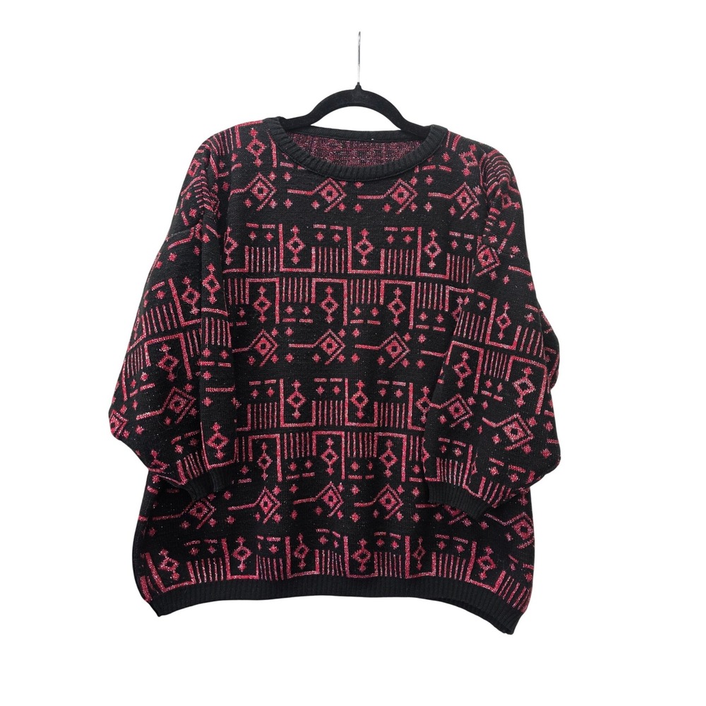 Vintage Style Oversized Geometric Knit Sweater Red Black Metallic Retro Pullover